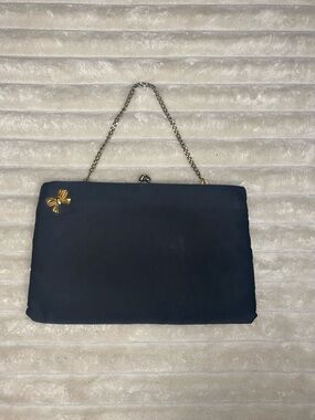 Vintage Black Satin Clutch with Gold Bow Accent